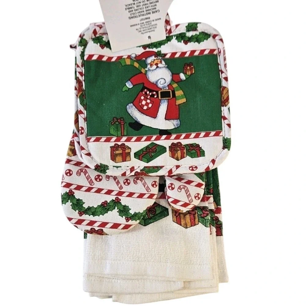 New‎ NWT Christmas Santa Themed Kitchen Oven Mitt Towel Pot Holders 5 Pc Cotton